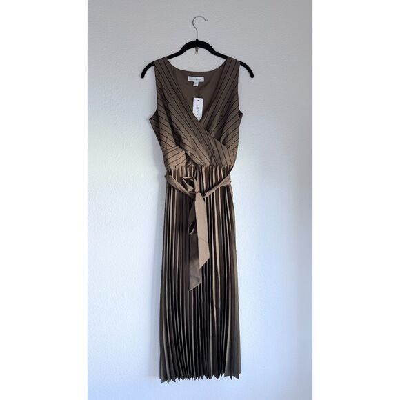 NWT Amour Vert Cambria Pinstripe Pleated Sleeveless Dress in Bronzed Olive Sz S - Picture 7 of 16